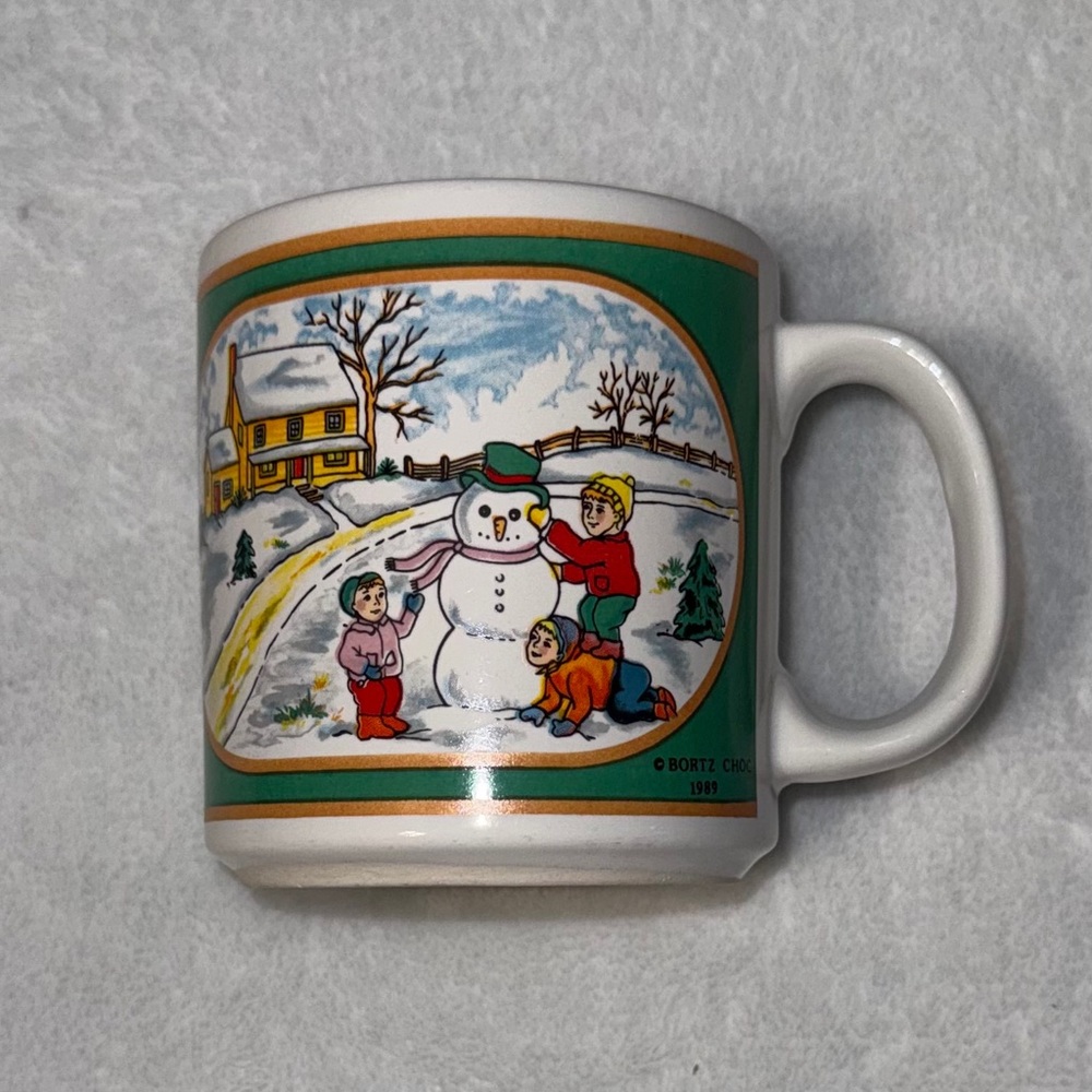 VINTAGE 1989 Bortz Choc cermaic 10 fl oz Christmas mug -kids with snowman-